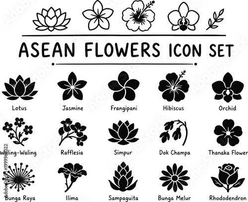 ASEAN Flowers Icon Set Minimal Hand Drawn Solid Black Botanical Floral Collection