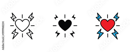 Heart with lightning bolts energy icon set. Emotional power, intense passion motivation, and cardiac electrical health vitality symbol.