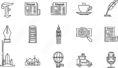 Black and White Line Art Icons of London and News Symbols, including Big Ben, Newspaper, and Microphone
