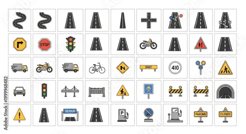 Collection of various traffic and road signs icons.