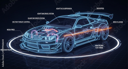 Futuristic Sports Car Hologram with Internal Components Displayed.