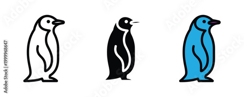 Penguin bird standing profile icon set. Antarctic wildlife animal, flightless aquatic bird, and polar nature conservation symbol.