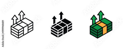 Stack of cash money with growth arrow icon set. Financial profit increase, successful investment return, and wealth accumulation revenue symbol.
