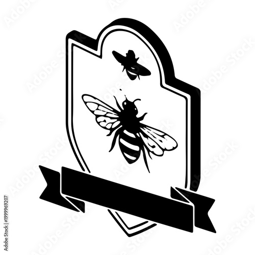 Vintage Honeybee Shield Emblem with Blank Banner Illustration