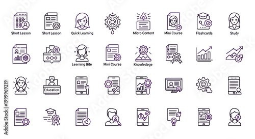 Streamlined vector concept icons for contemporary online learning, digital education, micro-courses, skill development, knowledge platforms, and academic journey elements
