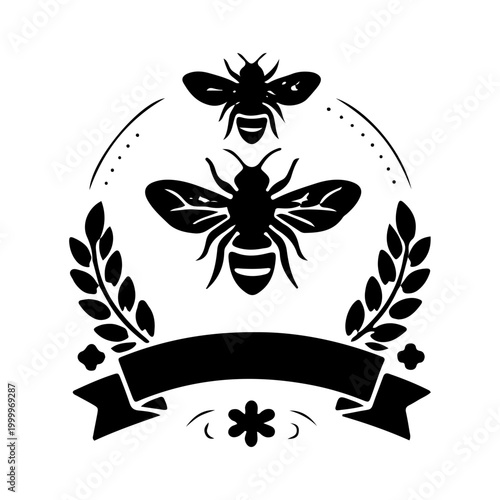 Vintage Honey Bee Emblem with Wheat and Ribbon Banner Illustration