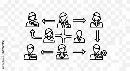 Organizational Structure and Workflow Illustration with Arrows and People.