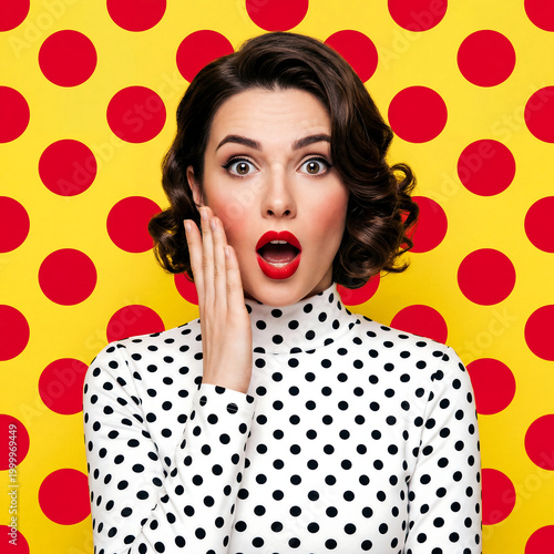 Trendy Polka Dot Fashion Woman with Surprised Expression on Bold Polkadot Background