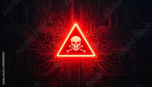 Red glowing warning triangle with skull on circuit board