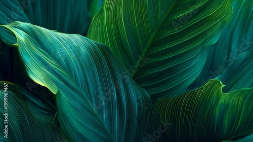 Spathiphyllum cannifolium tropical leaves forming abstract green texture, lush botanical foliage pattern with soft natural light, elegant nature background for eco design, freshness concept, organic j