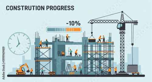 Construction Progress Building Site with Crane and Workers.