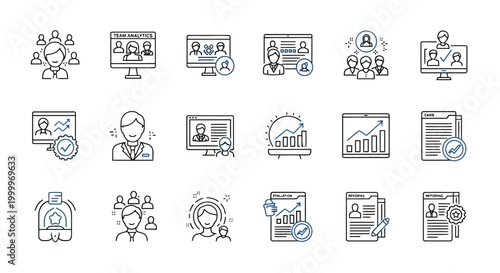 Modern vector line icons for comprehensive business, human resources, and talent management, depicting recruitment, teamwork, data analysis, and online communication for growth