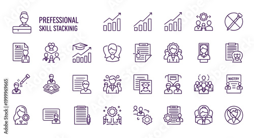 Dynamic vector icon set illustrating professional skill development, career growth, education, talent acquisition, and business success concepts for modern enterprise and continuous learning