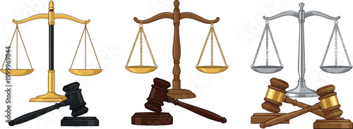 Justice scale and gavel collection with legal law symbols vector illustration.