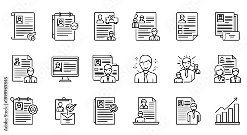 Dynamic collection of line icons representing resume management, job search, human resources, recruitment, and career advancement processes for digital applications