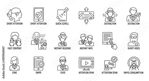 Vector icons illustrating modern digital content consumption, human attention spans, and information processing. Depicts rapid content intake, instant media access, and online engagement behaviors