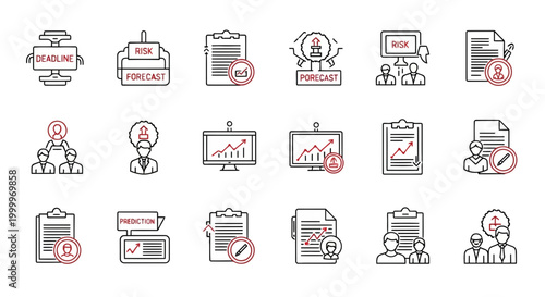 Versatile business management icon set depicting risk assessment, financial forecasting, data analysis, project deadlines, and team collaboration for strategic planning