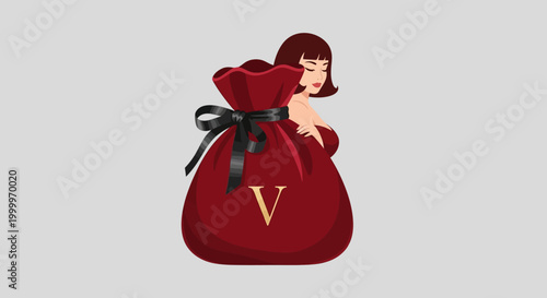 Elegant woman peeking from behind a luxurious red velvet bag.