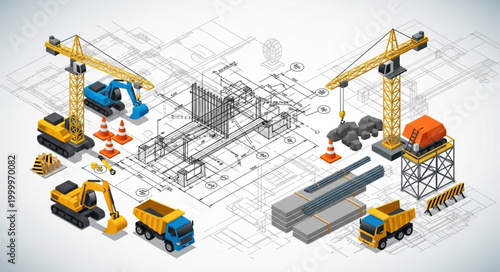 Construction Project Blueprint with Equipment and Materials.
