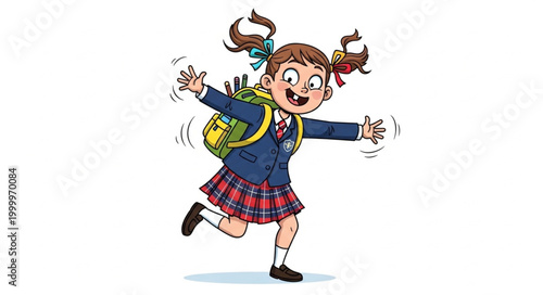 Excited school girl running with backpack and papers.
