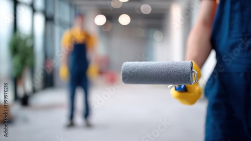Close-up of a painter holding a roller, ready for work in a construction site.
