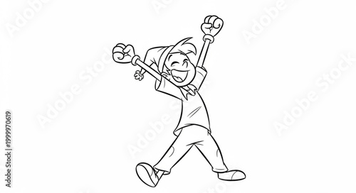 Excited cartoon character jumping with joy and fists raised.