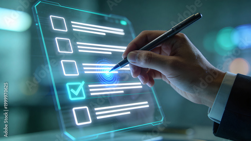 Futuristic Digital Checklist Interface with Stylus Pen, Business Task Management and Online Survey Concept