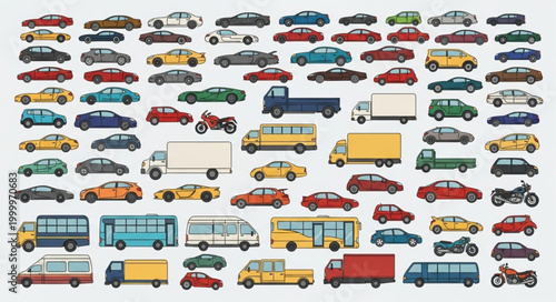 Collection of various vehicles and cars on a white background.