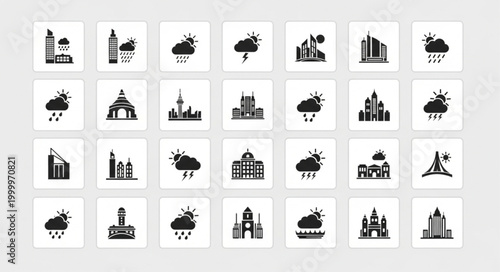 Collection of weather icons with city buildings and landmarks.