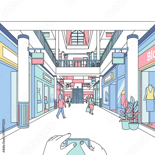 Shopping Mall Interior with People and Stores