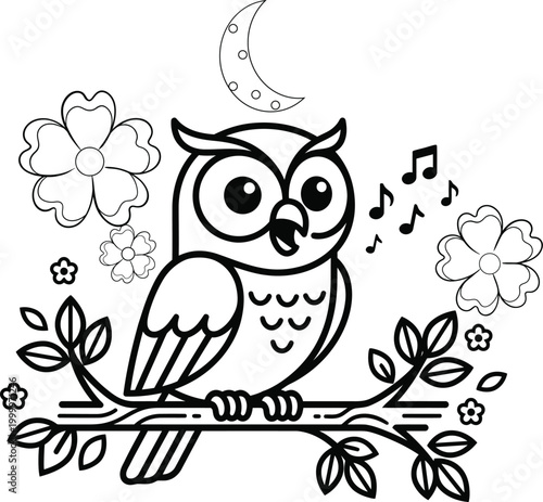 Adobe Illustrator Artwork. Cute Cartoon Owl Singing on a Branch with Moon and Flowers Coloring Page.