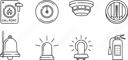 Fire Safety Equipment Icons - Line Art: Call Point, Bell, Smoke Detector, Thermometer, Siren, Extinguisher