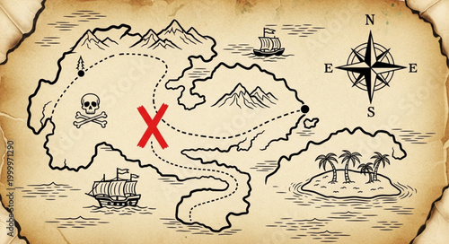 Pirate Treasure Map with Red X Marking the Spot.
