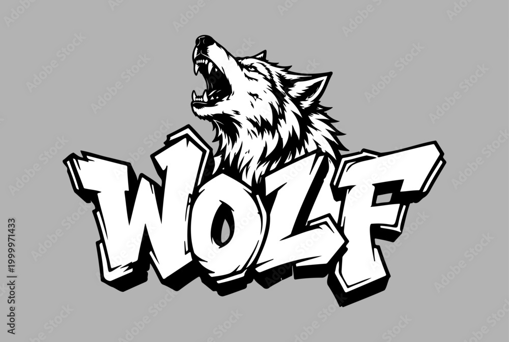 Obraz premium Howling wolf head with graffiti lettering urban wild animal mascot vector
