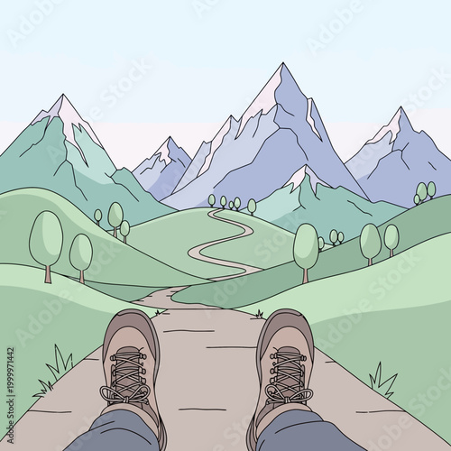 Hiking boots on path, mountain landscape view