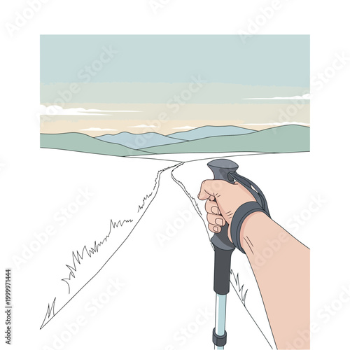 Hiking path with trekking pole, first person view