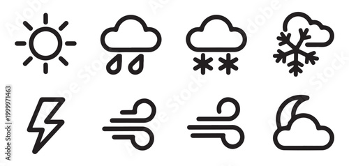 Minimalist weather icon set: line art representations of sun, rain, snow, wind, and lightning bolt.