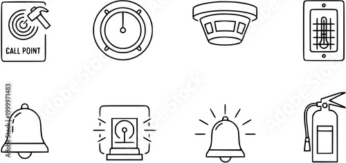 Fire Safety Icons: Call Point, Clock, Smoke Detector, Thermometer, Bells, Siren, Fire Extinguisher - Line Art