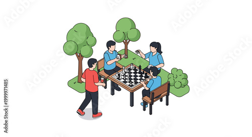 Four Friends Playing Chess Outdoors on a Sunny Day.