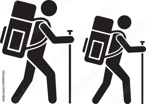 Hikers silhouette with backpacks two figures walking