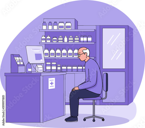 Elderly man sitting on chair in pharmacy, looking at computer screen, shelves filled with medicine bottles and jars, professional healthcare atmosphere, modern pharmacy interior design