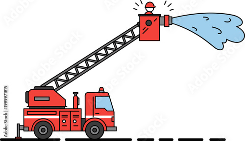 Red fire truck spraying water with extended ladder and firefighter, illustration depicting emergency response vehicle in action, detailing fire safety and rescue efforts