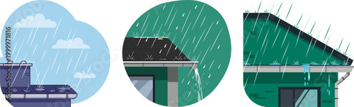 Rainy weather illustration showing water flowing from rooftops with greenery, emphasizing water drainage issues and maintenance of roofs in different settings during a stormy scenario