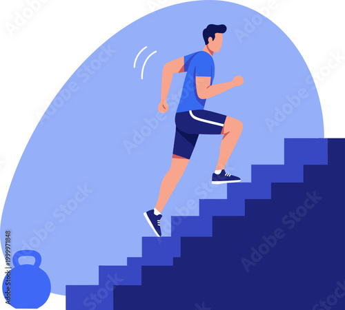 Athletic man in blue sportswear running upstairs, demonstrating fitness and exercise routine with dynamic movement, kettlebell nearby on floor, vibrant colors, healthy lifestyle concept