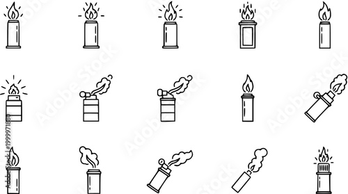 Black and White Line Art Icons of Candles and Torches, representing fire and light