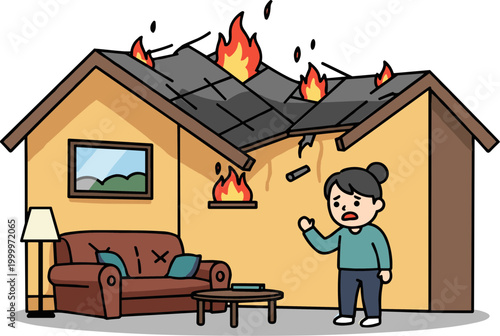 Upset woman standing in living room with fire on roof, concerned about danger, showing anxiety, cartoon illustration depicting home disaster, emergency situation, burning house interior