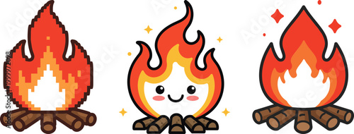 Three cartoon campfires with varying flames, featuring a friendly face, sparkles, and playful colors, symbolizing warmth, gathering, and outdoor enjoyment for recreational activities and camping