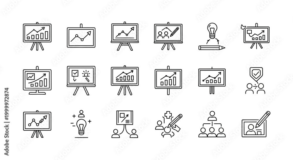 Fototapeta premium Collection of business and presentation icons representing growth, ideas, teamwork, and strategy