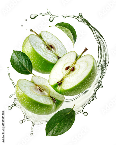 Fresh green apple slices with clear juice splash and leaves floating in air on transparent background
