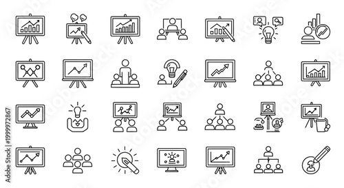 Collection of presentation and business icons featuring charts, graphs, meetings, and ideas for visual communication and analysis